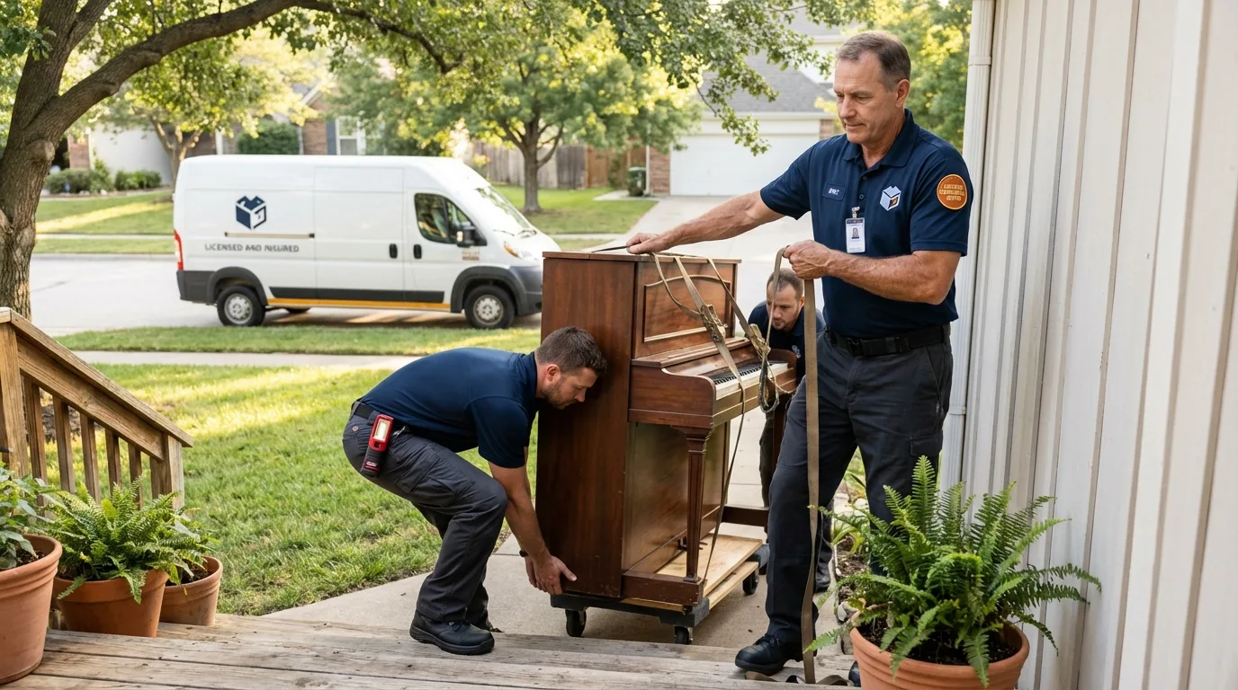 Licensed piano movers securing grand piano in Edgerton, WI