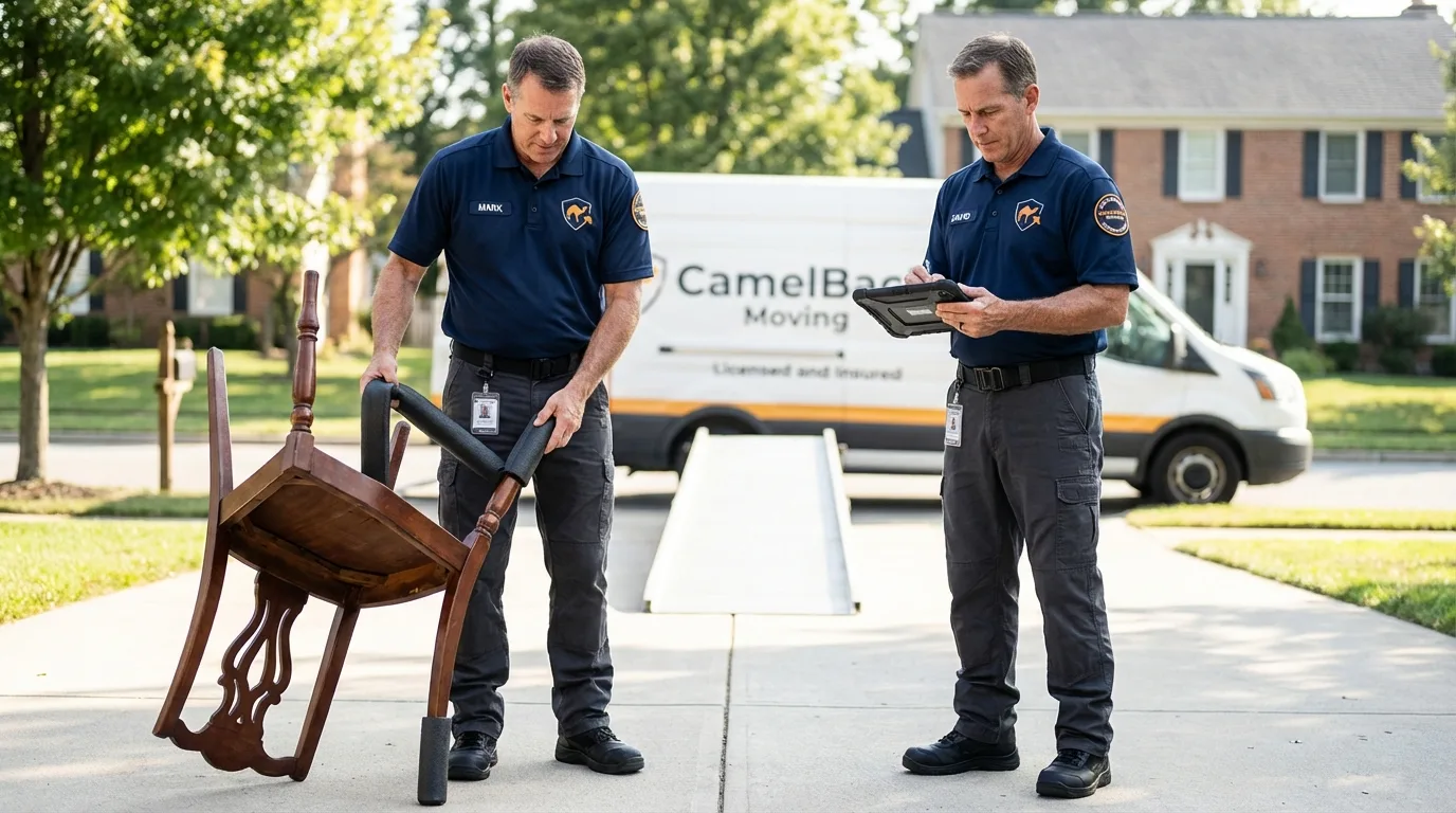 Movers inspecting furniture for damage prevention before loading in Edgerton, WI