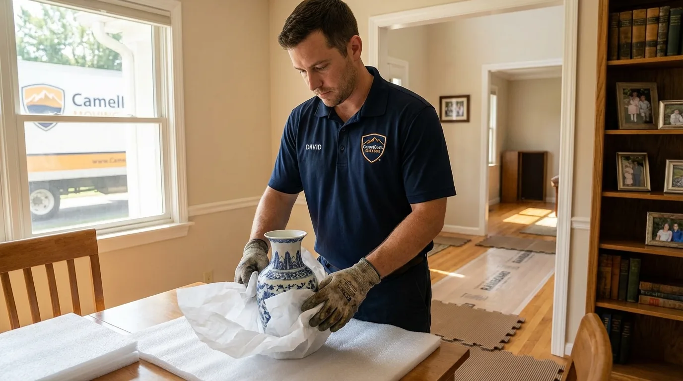 Professional crew carefully wrapping antique vase for senior downsizing move in Edgerton, WI
